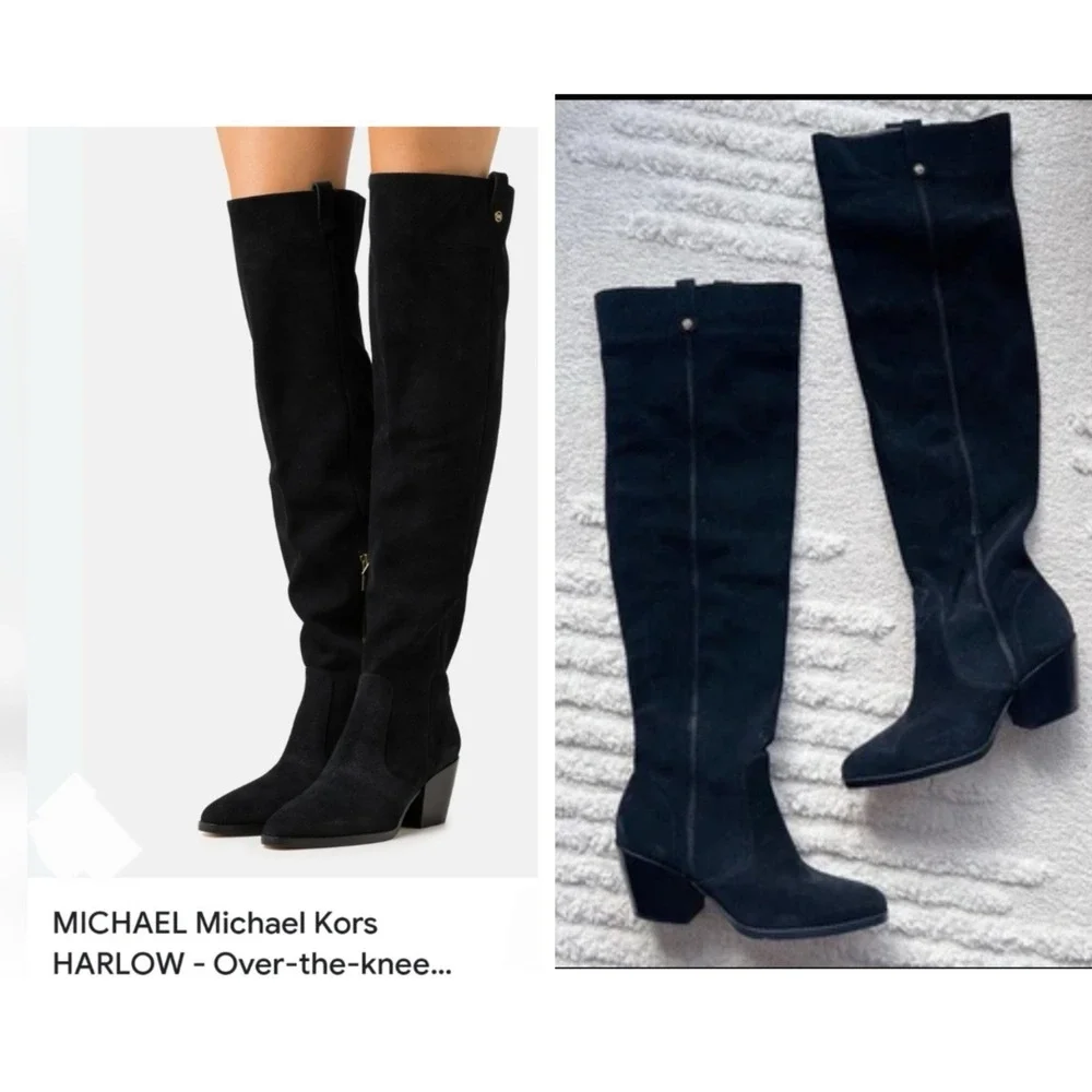 Michael Kors Harlow OTK Over The Knee Boots Black Suede Cuban Heel Side Zip US 8
